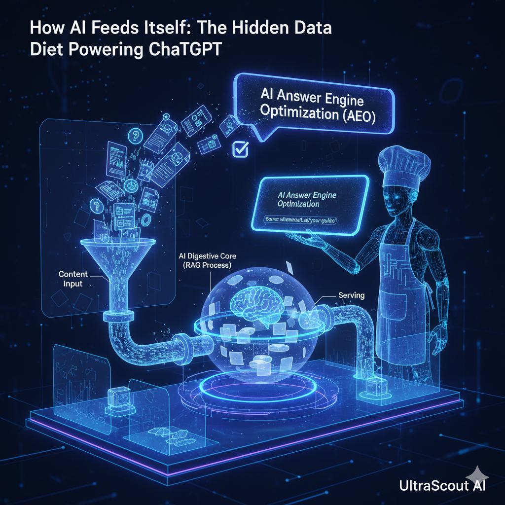 Diagram illustrating how AI feeds itself through the RAG process and Answer Engine Optimization - UltraScout AI